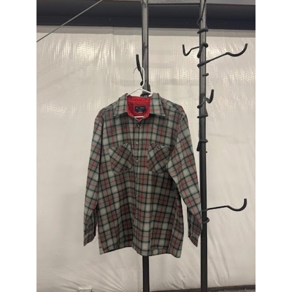 John Blair Vintage Plaid Flannel Shirt Mens XL Grey Red Acrylic Button Up